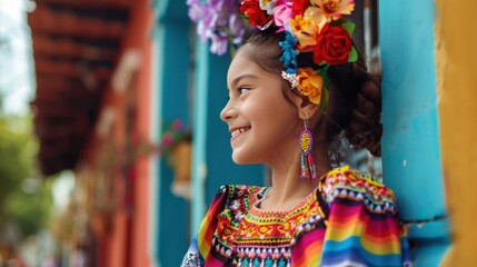 Fototapeta premium Young Girl in Colorful Traditional Clothing and Floral Headband