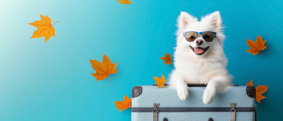 A cute Samoyed dog wearing sunglasses, with its paws folded on a large suitcase, set against a blue...