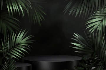 Obraz premium Two Podiums Composition on Black Background with Blurred Palm Leaves. Horizontal Banner for Black Friday Sale. Vector Illustration with generative ai