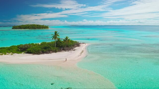Aerial drone view of a woman walking on a pristine sandy beach with turquoise water and palm trees on a small island in the maldives