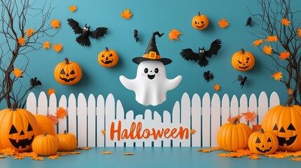 Halloween Ghost with Pumpkins and Bats