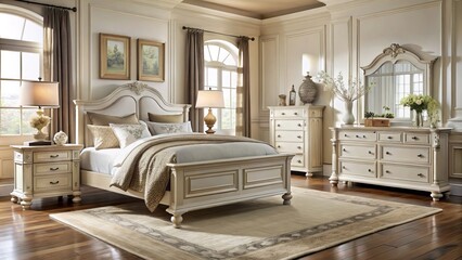 Softly glowing cream-hued bedroom furniture, adorned with vintage accents and a distressed patina, embodies the