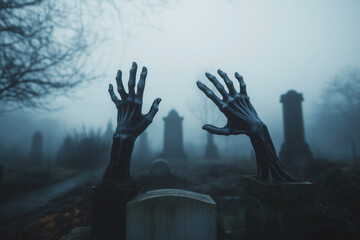 cemetery with a creepy graveyard scene. The hands of the dead are reaching out, and the sky is cloudy