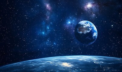 graphics of space, planets, and astronauts on a white background.