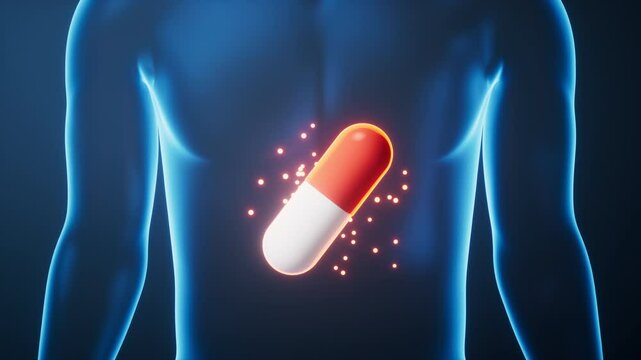 Medicine pill in the transparent human body, 3d rendering.