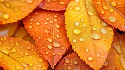 A close-up of raindrops on vibrant orange and yellow autumn leaves, autumn leaves, raindrops, vibrant colors