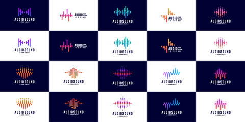 collection of sound pulse logo, monitoring, equalizer, amplifier, vector graphic templates.