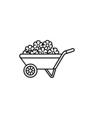 Editable stroke vector of a wheelbarrow filled with flowers.