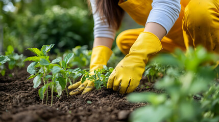 Naklejka premium Hands in Soil Planting Seedlings in Garden
