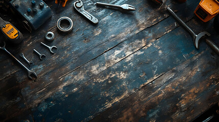 Naklejka premium Vintage Tools on Rustic Wooden Background with Copy Space