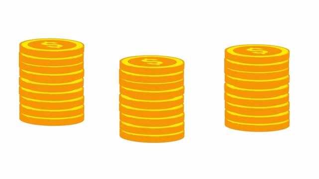Animation of golden coins falling on top of each other, Golden dollar coin jumping and drooping  Coins on white background.