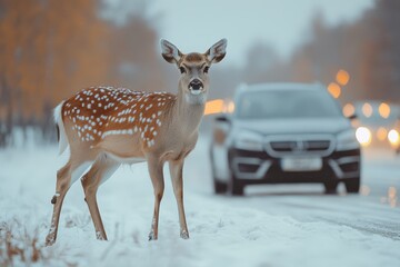 Obraz premium Spotted Deer Crossing Snowy Road in Winter