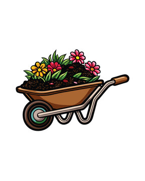 recommend clip art: Editable stroke vector of a wheelbarrow filled with soil and flowers.