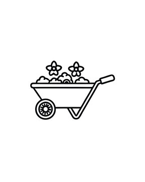 recommend clip art: Editable stroke vector of a wheelbarrow filled with soil and flowers.