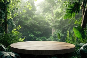 Wooden circle podium in tropical forest for product presentation and green background.3d rendering with generative ai