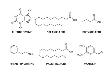 Theobromine chocolate chemical formulas, vector chemistry science. Molecular structure of chocolate compounds, theobromine alkaloid of cacao plant, vanillin, butyric, palmitic and phenethylamine acid