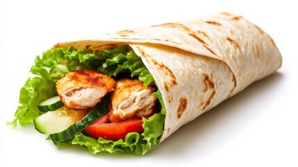 Chicken wrap with vegetables, isolated on white background. Fried chicken tortilla wrap with lettuce and tomato with sauce. chicken taco wrap flying on white background. Delicious chicken wrap