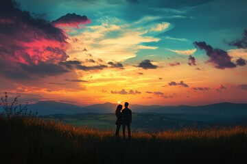Fototapeta premium A romantic sunset view captivates two lovers standing on a hill. The vibrant colors paint the sky. A perfect moment to cherish and remember. Generative AI
