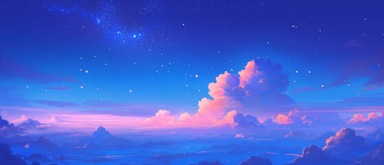 Fototapeta premium Dreamy night sky background with stars and clouds in a cute, whimsical style. 