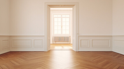 Fototapeta premium minimalist empty room with wooden floor and sunlight from window