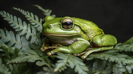 Obraz premium Green Tree Frog on Fern Leaf Closeup Portrait