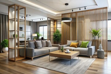 Fototapeta premium Sophisticated, modern accents and a dividing room piece bring refinement to the living room, blending style and