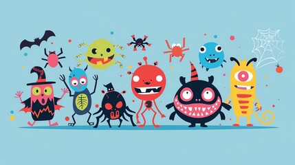 Obraz premium Cartoon monsters, spider webs, costumes, Halloween party, flat design illustration