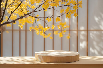 Empty wood podium with a yellow maple leaf branch in the background, designed in a Japanese architectural style. 