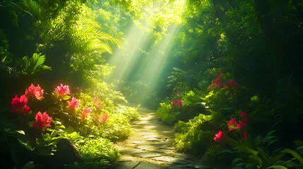 Sunbeams Through Rainforest Path with Red Flowers
