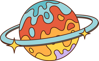 Cartoon retro planet in 70s or 80s hippie groovy art, vector symbol. Cartoon space Saturn planet with psychedelic lava flow and galaxy stars shine in 70s or 80s retro hippie style for funky sticker