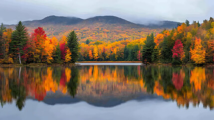 Fototapeta premium Autumn Foliage Reflected in Still Lake with Mountains in Background