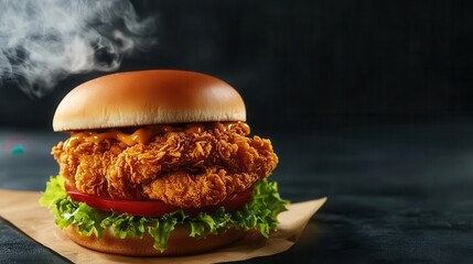 Create an image  of   kfc chicken burger, dark background, quality photo, fried chicken, studio photo, smoke