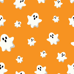 Cute Ghost seamless pattern with ghosts on yellow background. Repeating print for fabric, wrapping paper, textile. Vector illustration