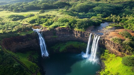 Fototapeta premium Helicopter view of Manawaiopuna Falls and Kauai.