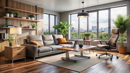 The living room features ergonomic furniture designed to promote unparalleled comfort and alleviate back strain,
