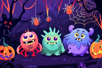 Obraz premium Costumes, spider webs, Halloween party, cartoon monsters, flat design illustration