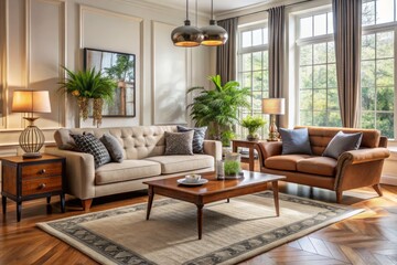 Fototapeta premium The living room is a serene oasis, featuring a plush sofa, armchair, and gleaming coffee table, all harmoniously