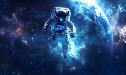graphics of space, planets, and astronauts on a white background.