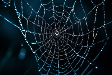 spider web is shown in a blurry, wet, and blurry way. The web is very intricate and has a lot of detail