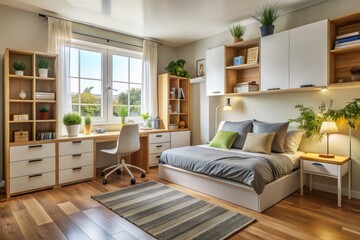 Fototapeta premium The room's cramped feel could be alleviated by pushing the queen-sized bed against a back wall and placing