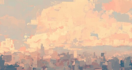 Naklejka premium Abstract Painting with Brushstrokes in Muted Peach and Grey Tones, Featuring a Blurred Cityscape and Grainy Texture. Modern Art with Soft Edges and a Neutral Color Palette.