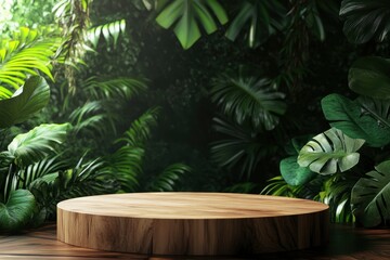 Fototapeta premium Wooden circle podium in tropical forest for product presentation and green background.3d rendering with generative ai