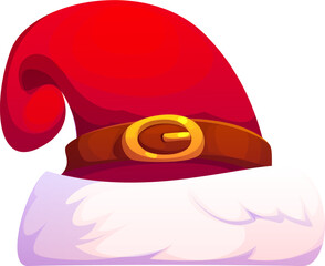 Cartoon Christmas Santa hat, traditional holiday red cap featuring white fluffy trim and brown belt with a buckle. Festive accessory embodies the spirit of xmas holiday. Photo booth props, party item