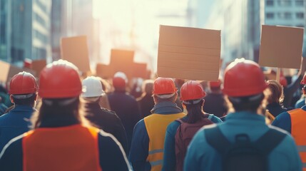 Rear view of diverse groups of labor protesting in the workplace, Strikes of workers, Demanding labor rights and welfare of workers, National Labor Day concept