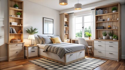 This inviting bedroom combines a plush bed, stylish dresser, and thoughtful storage to create a serene atmosphere, free