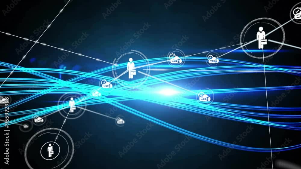 Poster network of connections and data processing animation over blue lines and icons