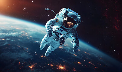 graphics of space, planets, and astronauts on a white background.