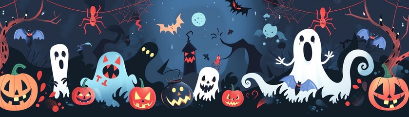 Cartoon monsters, spider webs, Halloween party, costumes, flat design illustration