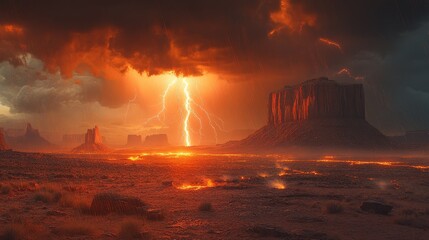 Fiery Desert Landscape with Lightning Storm