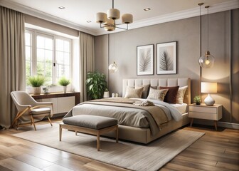 Tranquil retreat offers a soothing blend of modern style and calming neutral tones, featuring sleek furniture and plush